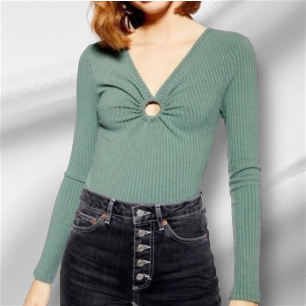 Topshop Long Sleeves Ribbed Knit Top - Green